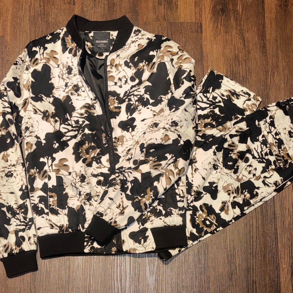 Black and Cream Floral Jacket and Pants